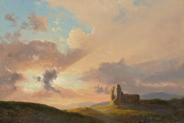 a painting of a castle on a remote hill